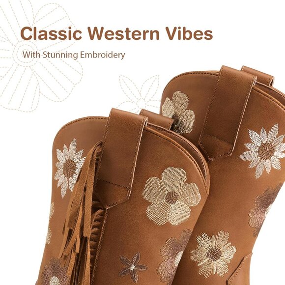 Girls Brown Cowgirl Boots With Tassel Floral Embroidered Kids Western Boots - Picture 3 of 7